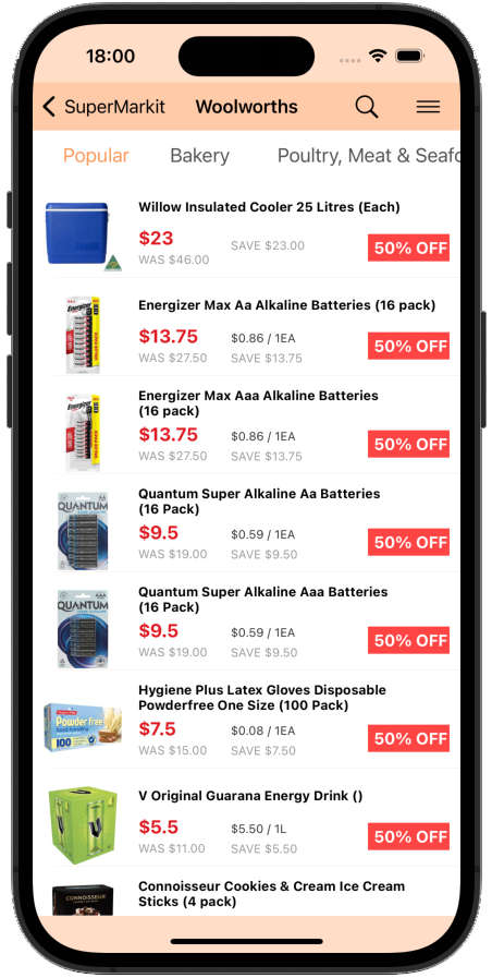 Catalogue for Woolworths specials via SuperMarkit app